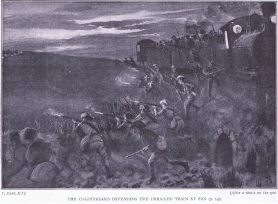 De Coldstreams verdedigen een ontspoorde trein, illustratie uit Na Pretoria: De Guerrillaoorlog, 1902 door Edward Read