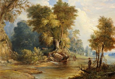 Rivierscène met vissers, de Leadon, Gloucestershire, ca. 1880 door Edward Smith