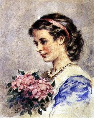 Jong Meisje met een Bos Roze Bloemen door Edward Tayler