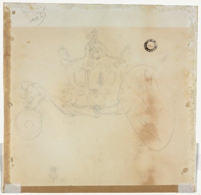 Studie voor cab en voorwiel van koets en studie voor hoofd van gekroonde figuur door Edward Tennyson Reed
