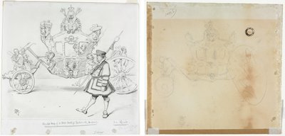 De Postkoets voor Parlementaire Doeleinden (recto) Studie voor Cabine en Voorlinker Wiel van de Koets en Studie voor Hoofd van Gekroonde Figuur Zittend op de Koets (verso) door Edward Tennyson Reed