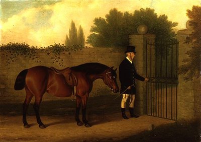 Een heer leidt een Welsh Cob bij een tuinhek door Edward Tolley