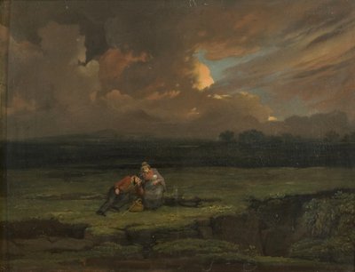 Een soldaat en zijn vrouw en kind in een stormachtig landschap door Edward Villiers Rippingille