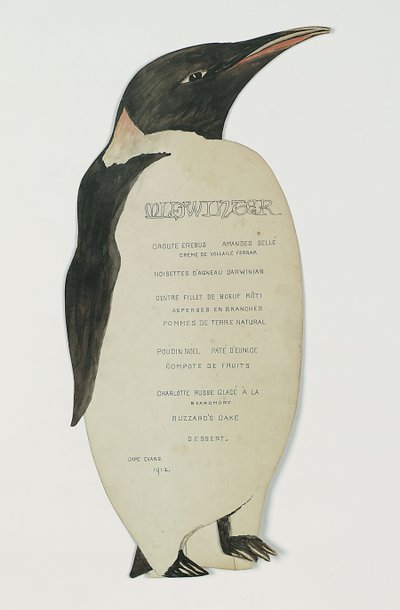 Menu in de vorm van een keizerspinguïn, voor het Midwinter