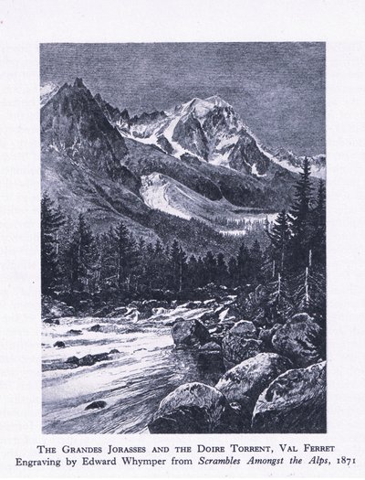 De Grand Jorasses en de Doire Torrent, Val Ferrett, uit British Adventure gepubliceerd door Collins, 1947 door Edward Whymper