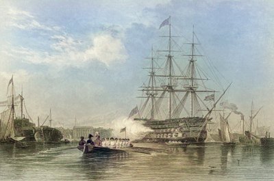 Vlaggenschip van de Britse marine groet in de haven van Gosford, Engeland. 19e eeuw (gravure) door Edward William (after) Cooke