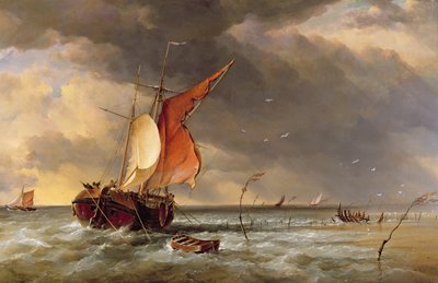 Een Nederlandse galjoot vastgelopen op een zandbank in de Biesbosch, Nederland door Edward William Cooke