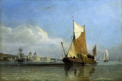 Een schuit vol hooi bij Greenwich, op de Theems (Engeland) door Edward William Cooke