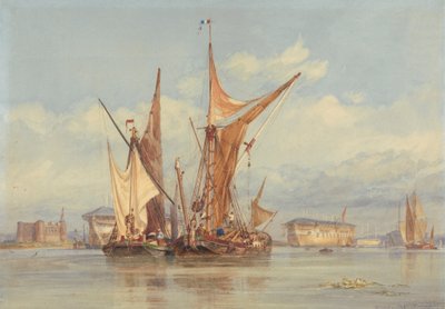 Bomvrije batterij bij Gillingham, aan de Medway door Edward William Cooke