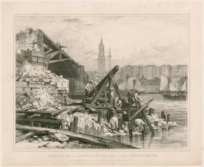 Sloop van een deel van de Oude London Bridge, maart 1832 door Edward William Cooke