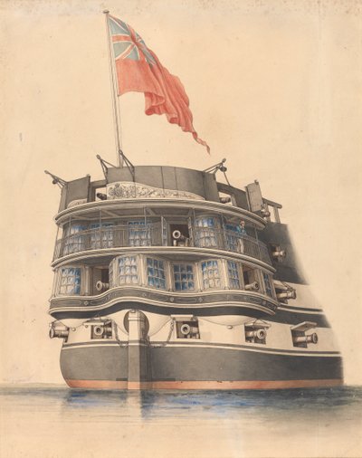 Gedetailleerd zicht op de achtersteven van HMS 