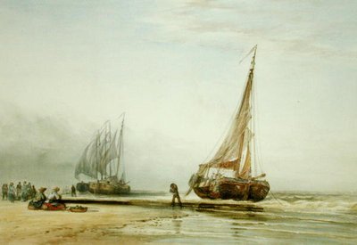 Nederlandse vissersboten op het strand met groepen vissers door Edward William Cooke