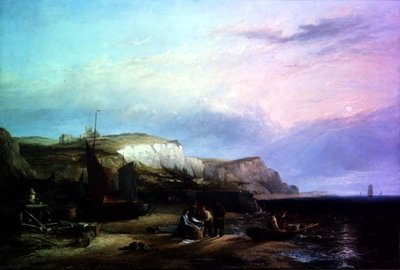 Nederlandse pincken lossen hun vangst bij Egmond aan Zee door Edward William Cooke