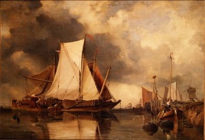 Vissersboten aan de grond op de Schelde door Edward William Cooke