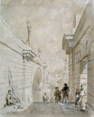 London Bridge kijkend naar het noorden vanaf de bovenste trap bij Tooley Street door Edward William Cooke