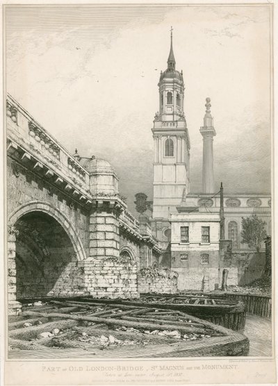 Deel van de Oude Londen Brug, St Magnus en het Monument door Edward William Cooke