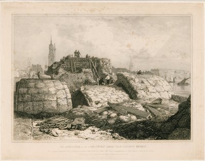 Deel van de Oude London Bridge zoals het verscheen in juni 1832 door Edward William Cooke