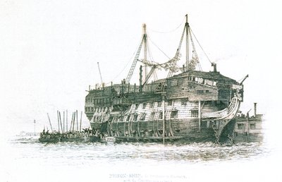 Gevangenisschip in de haven van Portsmouth met de veroordeelden aan boord door Edward William Cooke
