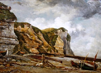 Rotsen bij laag water met West Falaise (Etretat kliffen en boten) door Edward William Cooke