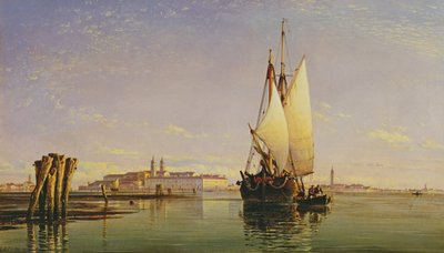 De Euganeïsche Heuvels en de Laguna van Venetië - Trabaccola Wachtend op het Getij, Zonsondergang, 1853 door Edward William Cooke