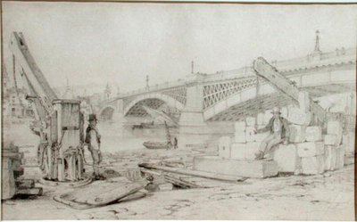 Uitzicht op Southwark Bridge en de rivier de Theems vanaf Bankside, met twee derricks op de voorgrond door Edward William Cooke