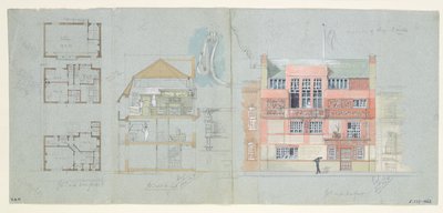 Voorgevel en Sectie voor Huis en Studio voor Frank Miles, Tite Street, Chelsea, 1878-79 door Edward William Godwin