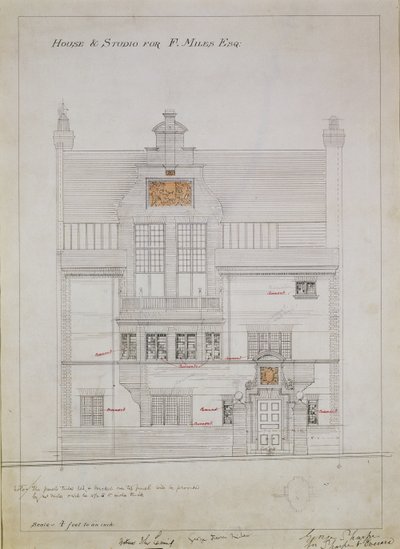 Werktekening voor Huis en Studio voor F. Miles Esq, Tite Street, Chelsea, 1878-79 door Edward William Godwin