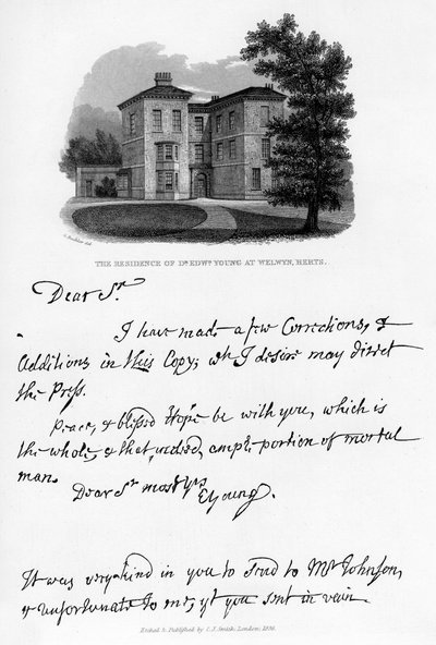 Een brief van Edward Young en een uitzicht op zijn woning in Welwyn, Hertfordshire, 1740s, 1840 door Edward Young