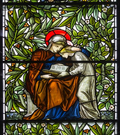 Nun Monkton, St Mary, Morris Marshall & Faulkner & Co, William Morris, Edward Burne-Jones, Maria & Jezus lezend door Edward and Morris Burne Jones