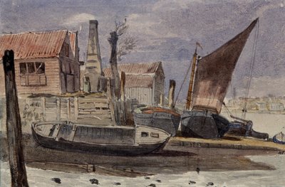 Battersea, de rivierbank met boten door Edward attr. to Bragg