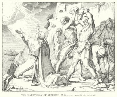 De marteldood van Stefanus, Handelingen, hoofdstuk vii, vers 59, 60 door Edward von Steinle