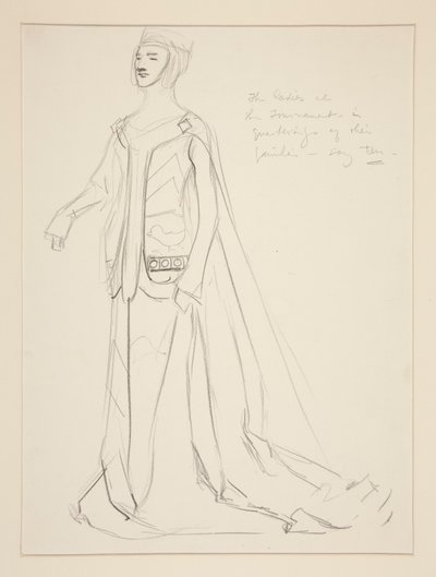 Een dame, kostuumschets voor Henry Irving door Edwin Austin Abbey