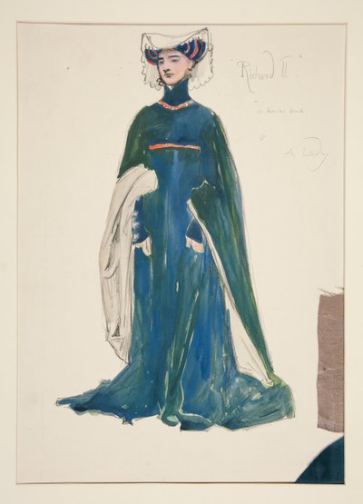 Een dame, kostuumschets voor Henry Irving door Edwin Austin Abbey