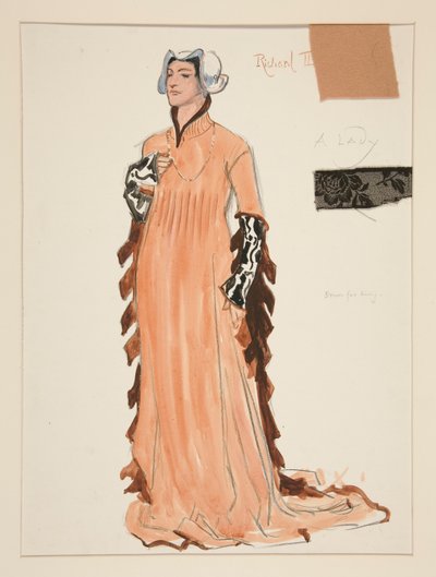 Een dame, kostuumschets voor Henry Irving door Edwin Austin Abbey