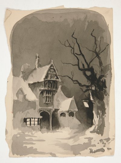 Een winters tafereel: Huis in de sneeuw (recto); Diverse figuurstudies (verso) door Edwin Austin Abbey