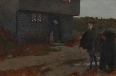 Bij de Cottage Deur (17e Eeuwse New England Scene) door Edwin Austin Abbey