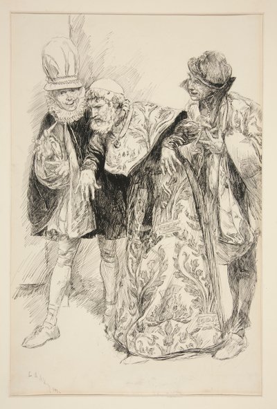 Baptista Protesteert, illustratie voor Act I, Scene i, Taming of the Shrew door Edwin Austin Abbey