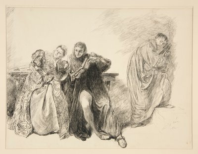 Bianca en Lucentio, uit Act III, Scene i, Het temmen van de feeks door Edwin Austin Abbey