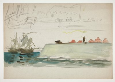 Boten op zee: slagschip op de voorgrond, zeilboot in de verte - (niet-geïdentificeerde illustratie) door Edwin Austin Abbey