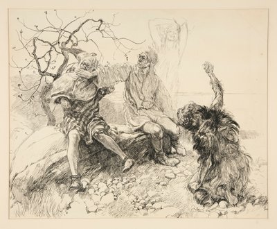 Caliban, Stephano en Trinculo (Ariel onzichtbaar), illustratie voor Act II, Scene ii, De Storm door Edwin Austin Abbey
