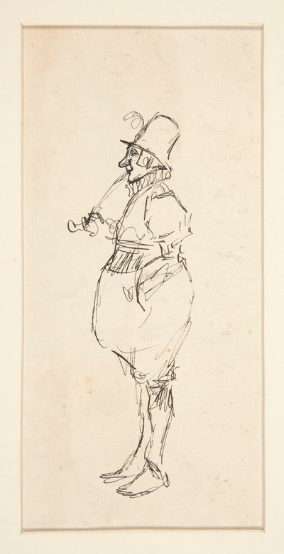Cartoon van een man in pantaloons door Edwin Austin Abbey