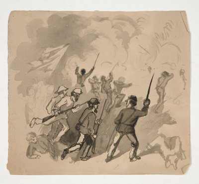 Burgeroorlog gevechtsscène (recto); Niet-geïdentificeerde illustratie van man in een bos (verso) door Edwin Austin Abbey