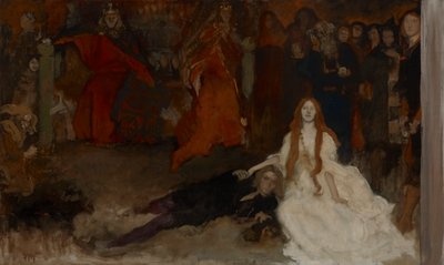 Compositorische studie, voor De toneelscène in Hamlet, Act III, Scene II door Edwin Austin Abbey