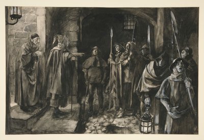 Dogberry en zijn metgezellen met een wacht - Act III, Scene III, Much Ado About Nothing door Edwin Austin Abbey