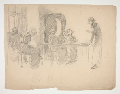 Vroege studie voor Stony Ground 1884, interieur met figuren door Edwin Austin Abbey