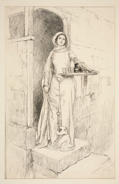 Enter Mevrouw Anne Page met wijn - Act I, Scene I, De Vrolijke Vrouwtjes van Windsor door Edwin Austin Abbey