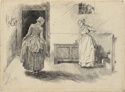 Binnenkomst van mevrouw Hardcastle en dienstmeid, studie voor Oliver Goldsmith door Edwin Austin Abbey