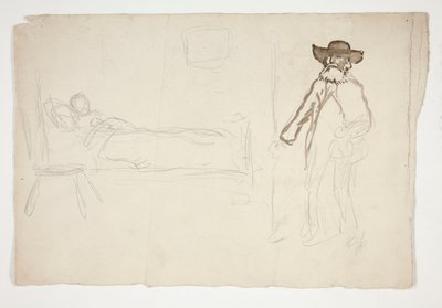 Figuur in bed, man die kamer binnenkomt - niet-geïdentificeerde illustratie door Edwin Austin Abbey