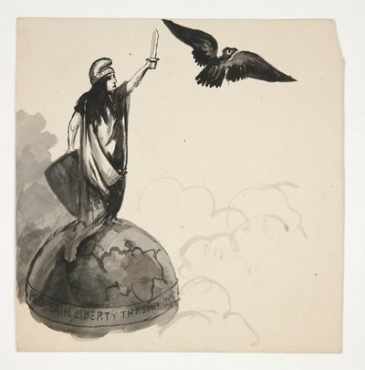 Beeld van Vrijheid Staand op Wereldbol met Adelaar (recto); Conestoga Wagen in Landschap (verso) door Edwin Austin Abbey