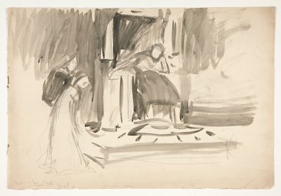 Figuur op troon, geflankeerd door twee figuren, schets voor een niet-geïdentificeerd Shakespeare-stuk door Edwin Austin Abbey